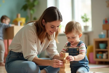 Mère et enfant de 3 ans jouant avec des blocs en bois dans un centre d'activités pour enfants à Paris