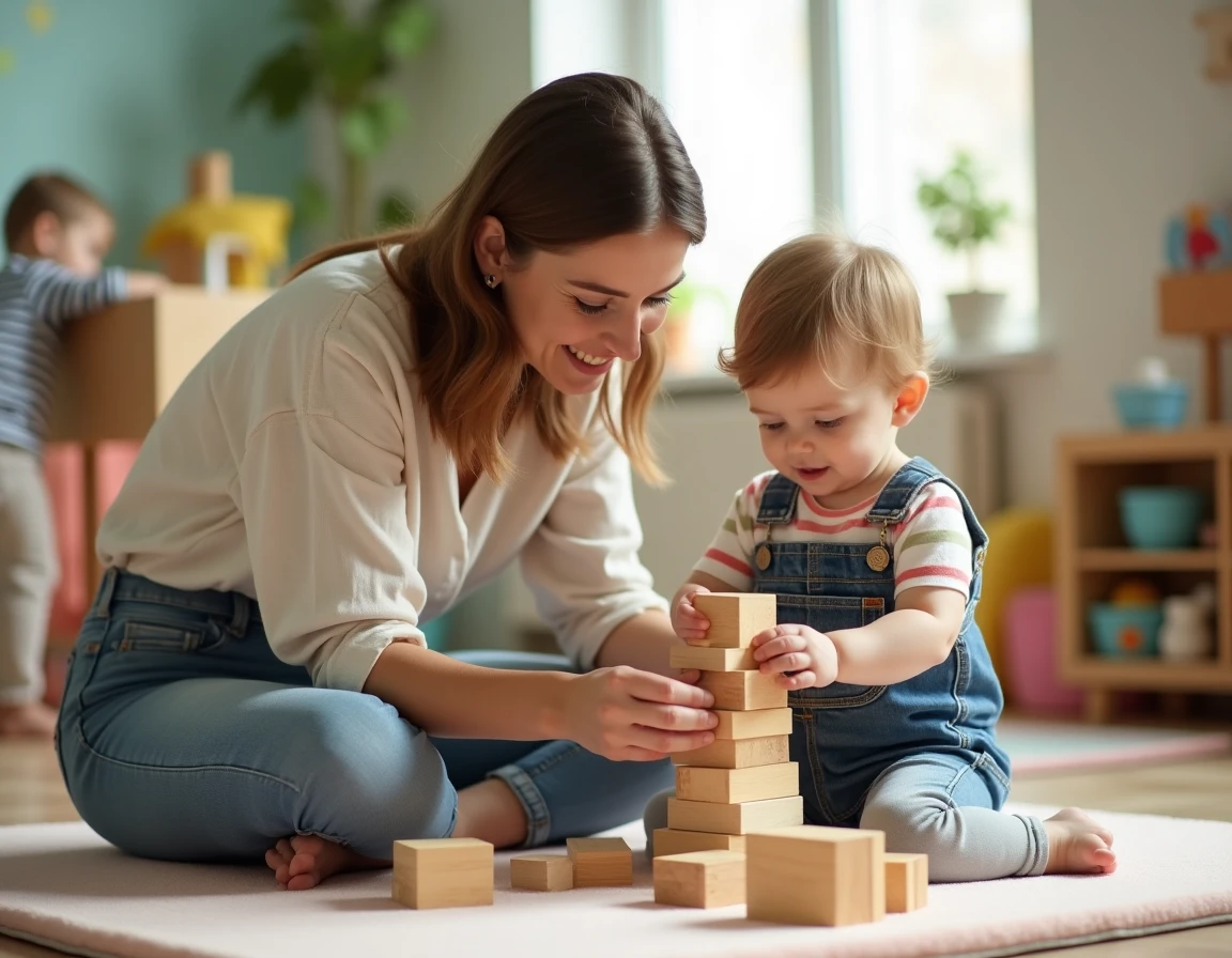 Mère et enfant de 3 ans jouant avec des blocs en bois dans un centre d'activités pour enfants à Paris