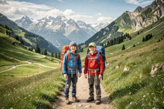 Famille avec enfants en randonnée dans les montagnes de Haute-Savoie avec vue panoramique sur les Alpes
