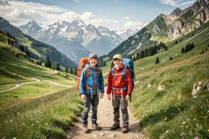 Famille avec enfants en randonnée dans les montagnes de Haute-Savoie avec vue panoramique sur les Alpes