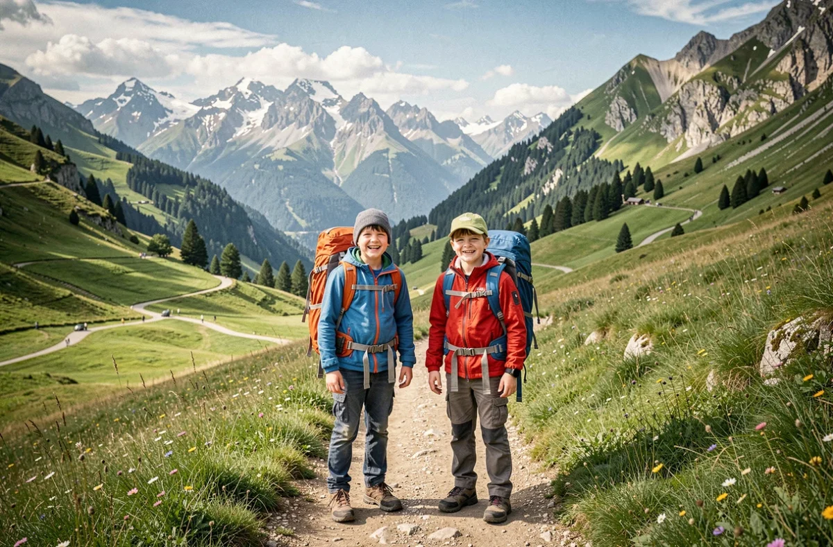 Famille avec enfants en randonnée dans les montagnes de Haute-Savoie avec vue panoramique sur les Alpes