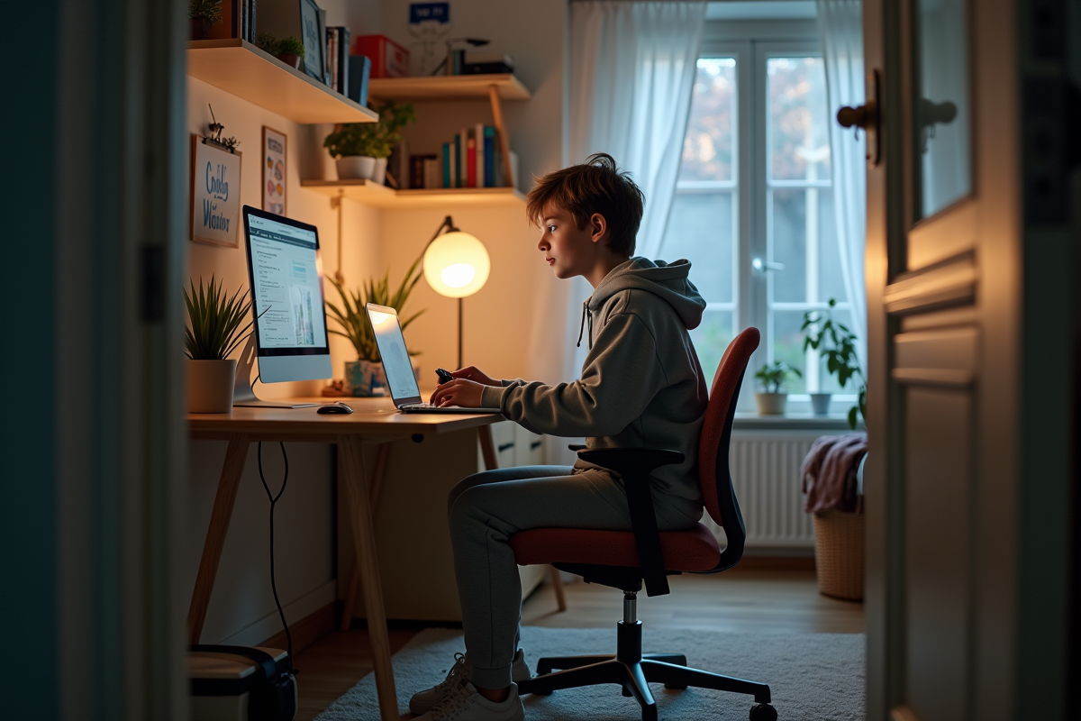 Adolescente concentrée jouant sur son ordinateur dans sa chambre