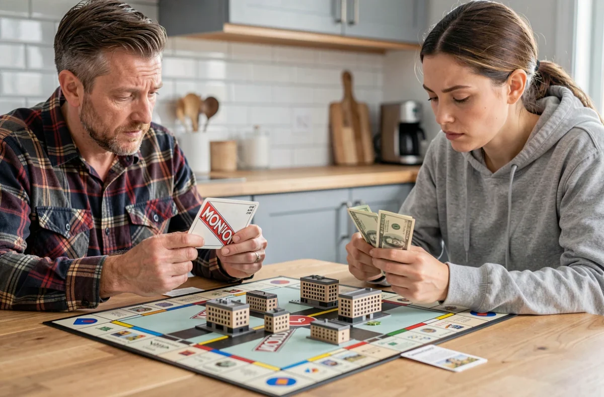 Deux adultes concentrés sur une partie de Monopoly avec des billets et des cartes titre de propriété sur une table de cuisine