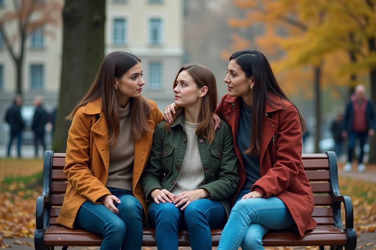 Amis dans un parc urbain en soutien à une femme
