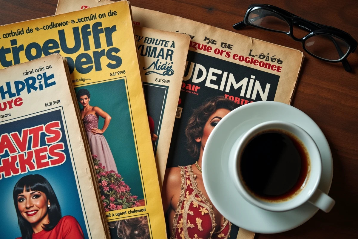 Anciens magazines de divertissement français des années 70 et 80 étalés sur une table en bois, évoquant les célébrités et les légendes du show-business français