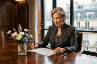 Femme élégante d'une cinquantaine d'années dans une salle de conseil parisienne, examinant des documents liés à une succession familiale
