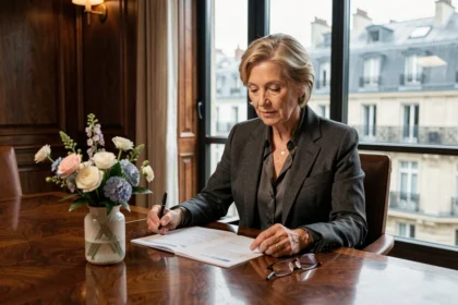 Femme élégante d'une cinquantaine d'années dans une salle de conseil parisienne, examinant des documents liés à une succession familiale