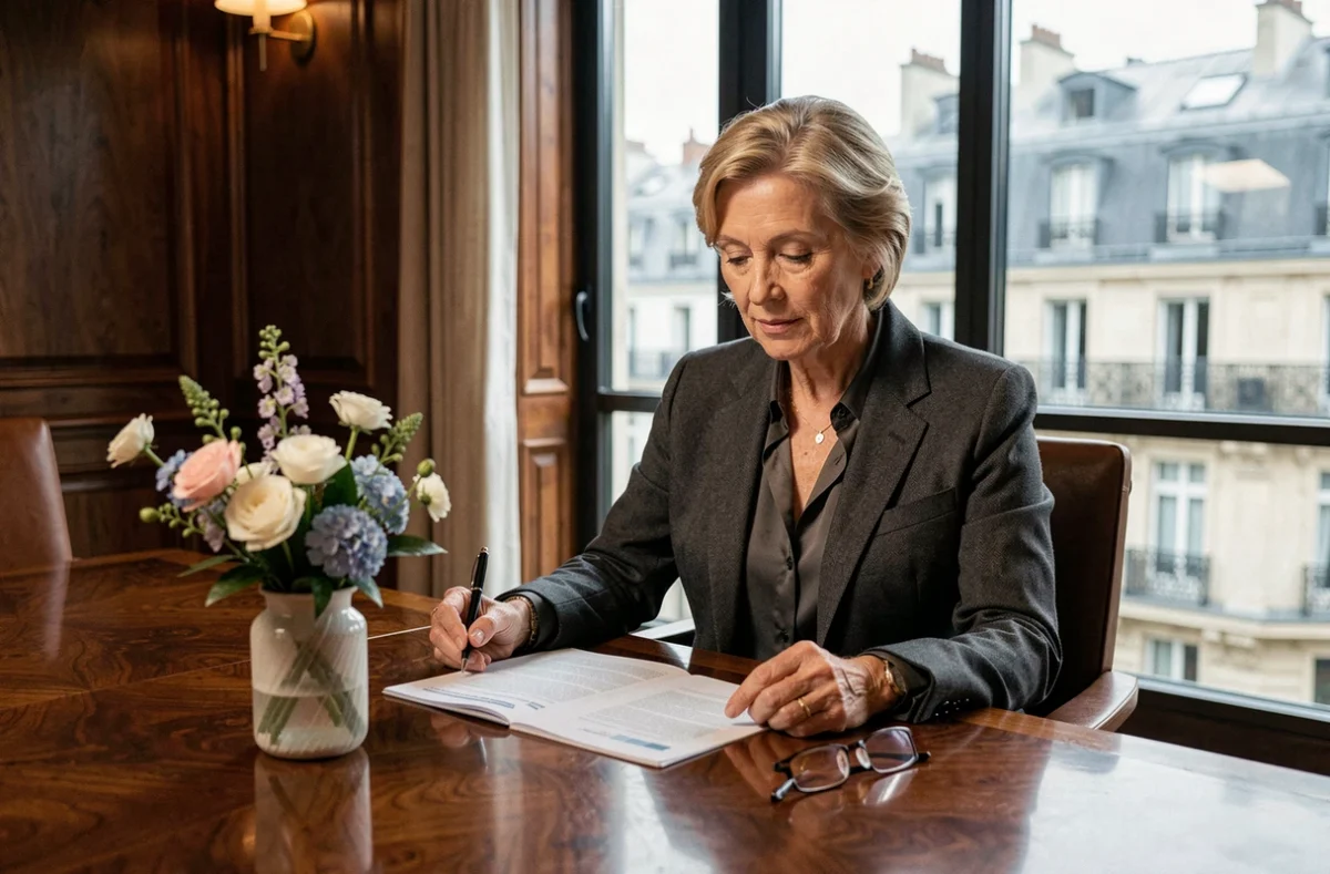 Femme élégante d'une cinquantaine d'années dans une salle de conseil parisienne, examinant des documents liés à une succession familiale