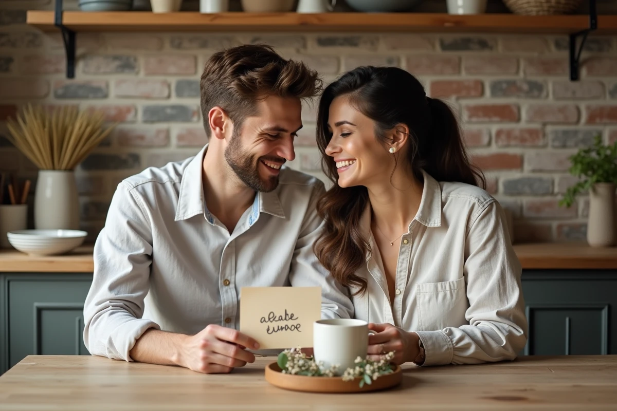 Couple heureux annonçant leur grossesse à la famille avec un message manuscrit discret sur la table de la cuisine