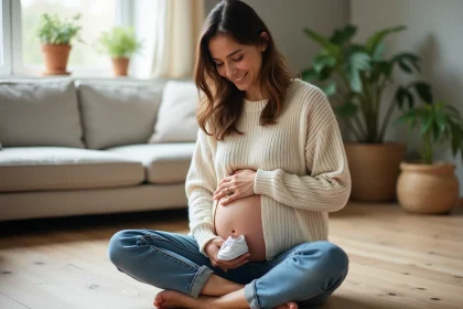 Jeune femme enceinte tenant de petits chaussons blancs de bébé pour annoncer sa grossesse à sa famille de manière discrète et touchante
