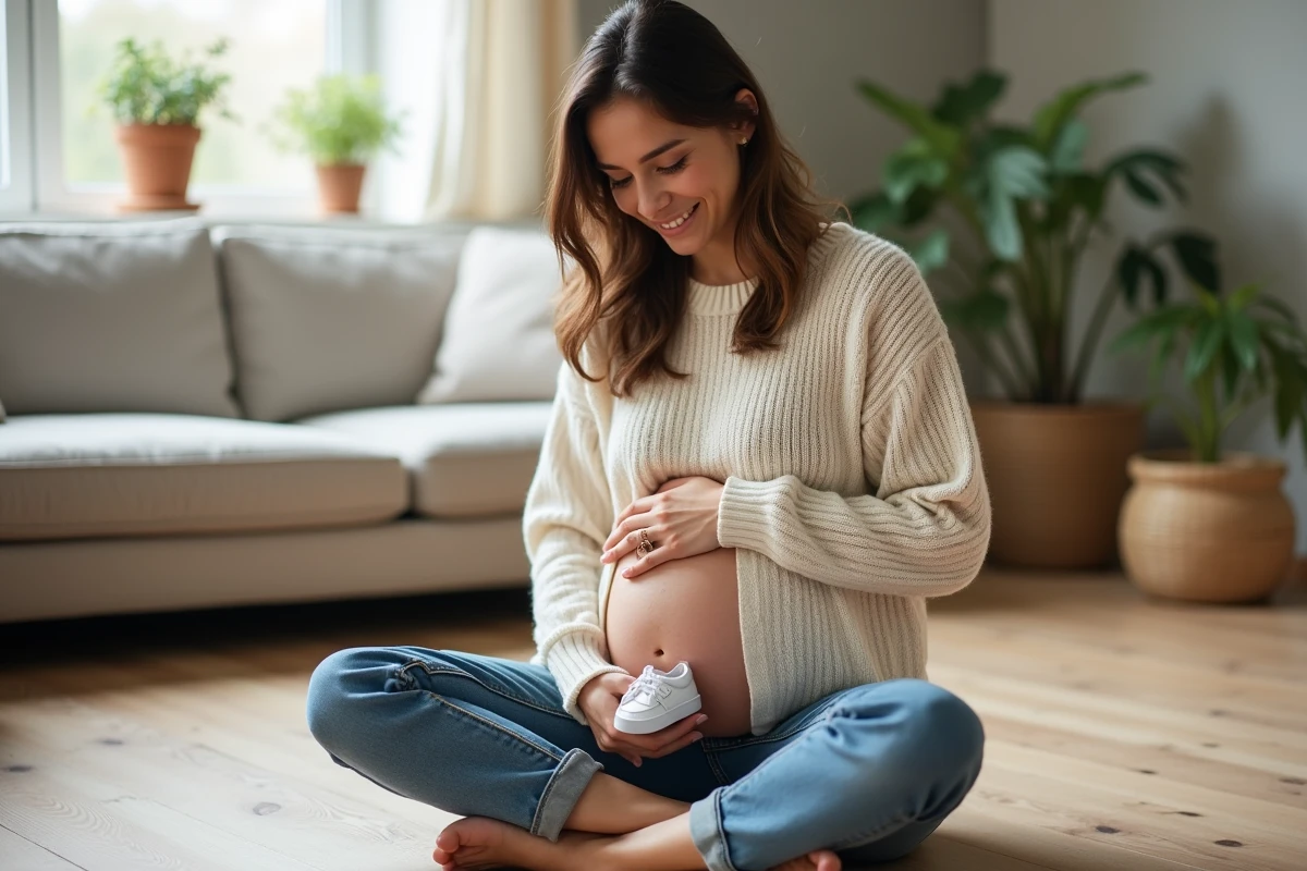 Jeune femme enceinte tenant de petits chaussons blancs de bébé pour annoncer sa grossesse à sa famille de manière discrète et touchante