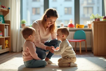Auxiliaire de puériculture en crèche urbaine interagissant avec des enfants en bas âge dans une salle colorée et moderne
