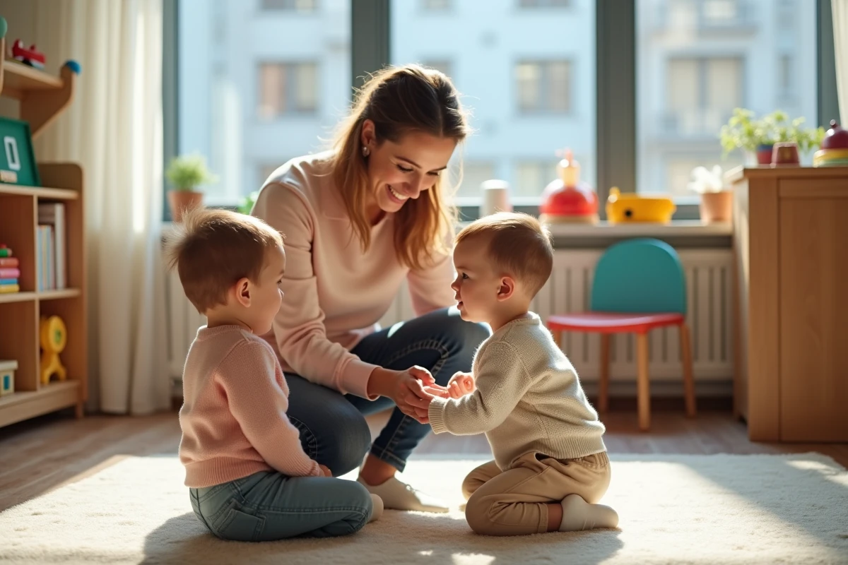 Auxiliaire de puériculture en crèche urbaine interagissant avec des enfants en bas âge dans une salle colorée et moderne