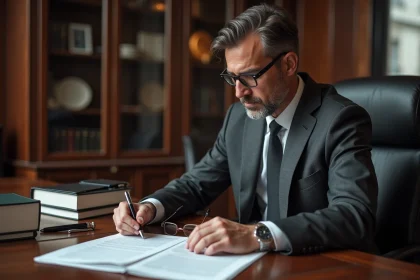 Avocat examinant un contrat d'apport en société dans un cabinet juridique parisien, illustrant les risques liés à l'article 1832-2 du Code civil
