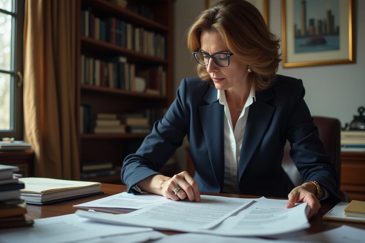 Avocate v&eacute;rifiant un testament dans son bureau professionnel