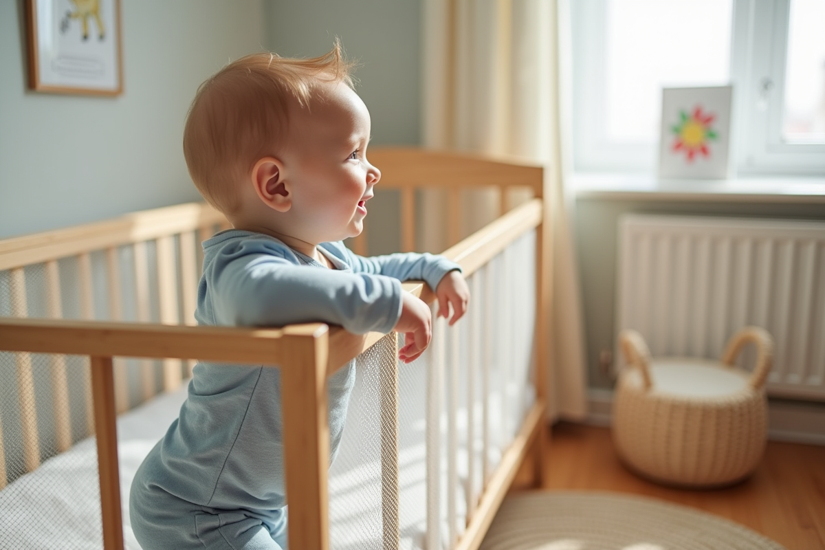 Bébé curieux dans un lit en bois moderne et sécurisé
