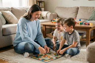 Baby-sitter jouant à un jeu de société avec deux enfants dans un salon familial chaleureux
