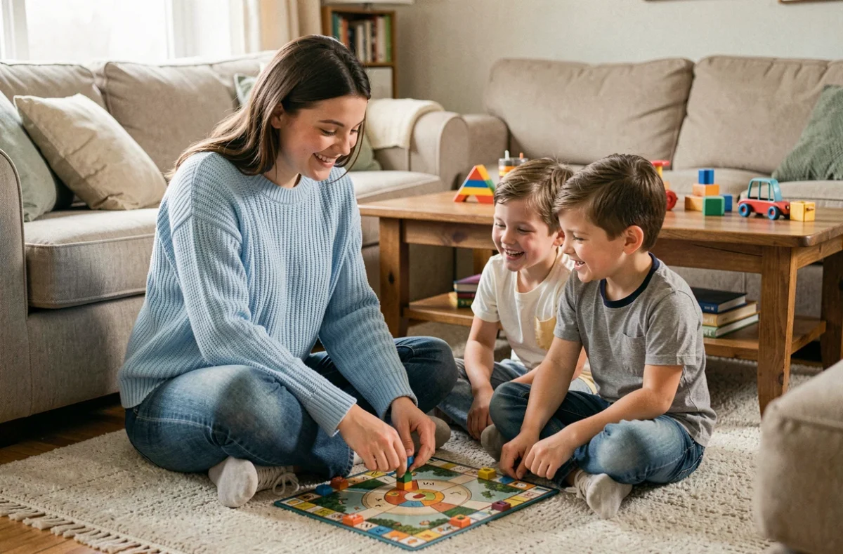 Baby-sitter jouant à un jeu de société avec deux enfants dans un salon familial chaleureux