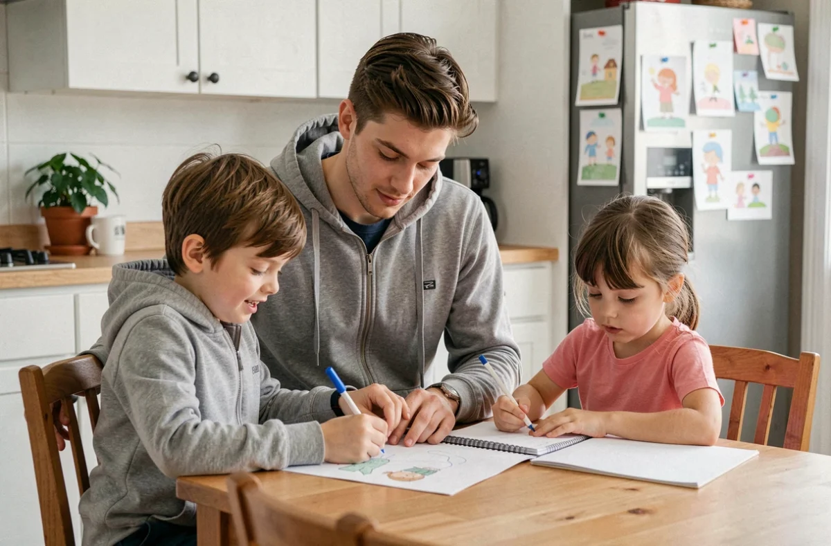 Baby-sitter masculin aidant deux enfants à faire leurs devoirs à la table de cuisine