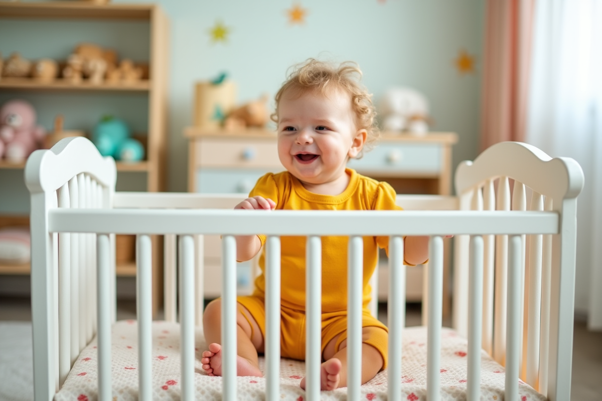 Bébé joue et rebondit dans un lit blanc avec jouets colorés