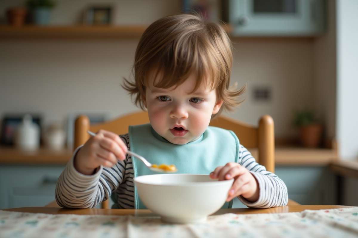Bébé de deux ans mangeant avec une cuillère dans une chaise haute