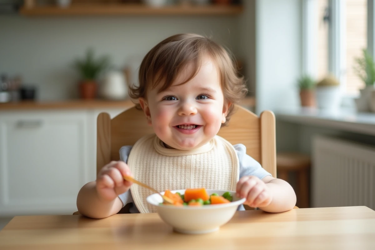 Bébé souriant avec cuillère et bol de légumes