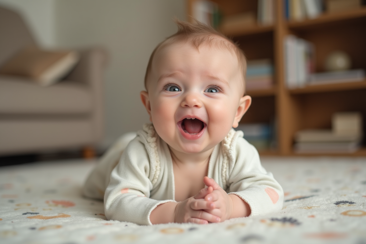 Bébé de deux mois riant sur un tapis de jeu doux