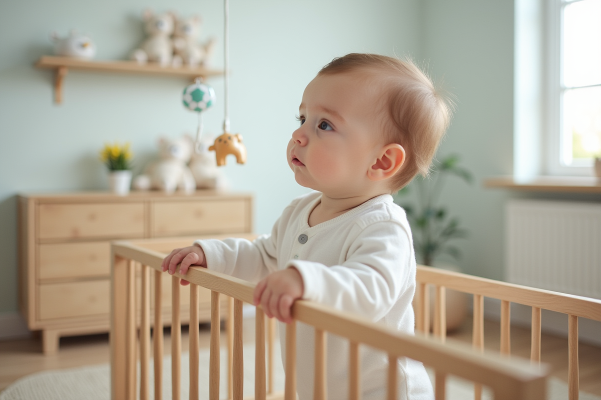 Bébé de un an dans un lit en bois regardant son mobile