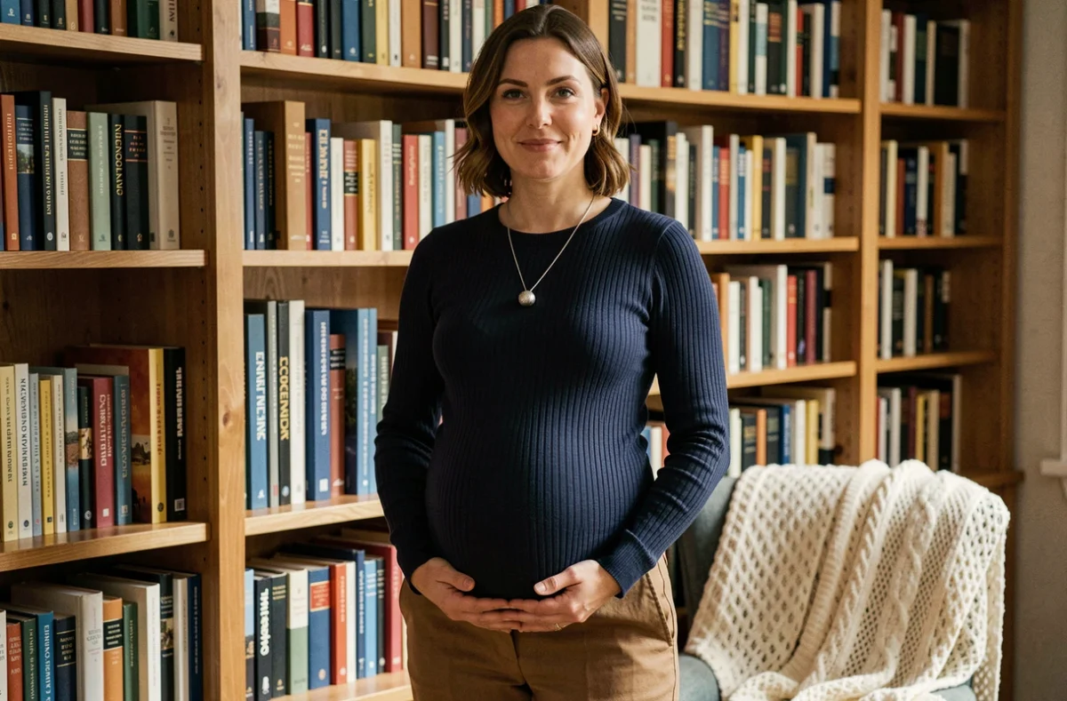 Femme enceinte portant un bola argent sur un pull côtelé marine avec un pantalon camel, debout devant une bibliothèque dans un intérieur cosy, tenue de grossesse élégante au quotidien
