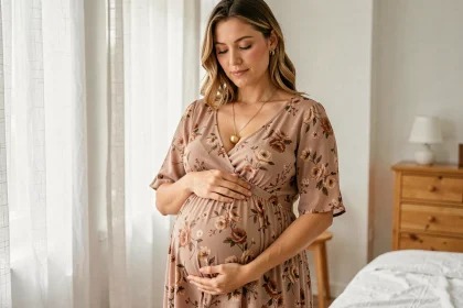 Femme enceinte portant un bola doré avec une robe maternité fleurie longue en tons terre, tenant le pendentif sur son ventre arrondi dans une chambre lumineuse