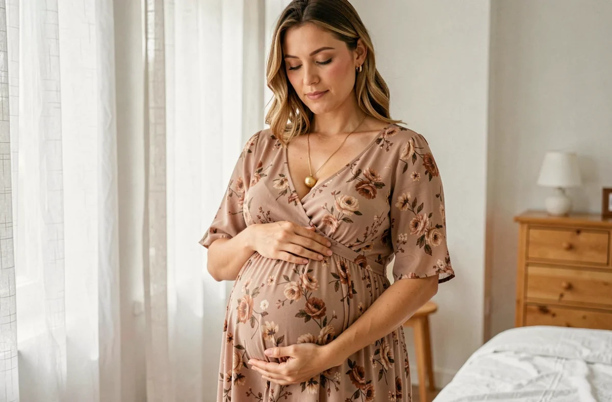 Femme enceinte portant un bola doré avec une robe maternité fleurie longue en tons terre, tenant le pendentif sur son ventre arrondi dans une chambre lumineuse