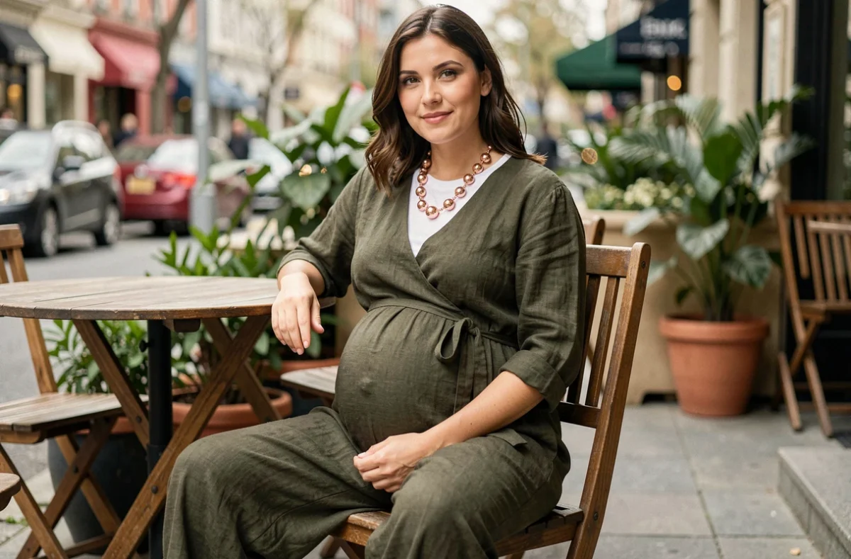 Femme enceinte avec un bola en or rose porté sur une combinaison en lin kaki, assise en terrasse de café dans une tenue de grossesse décontractée au quotidien