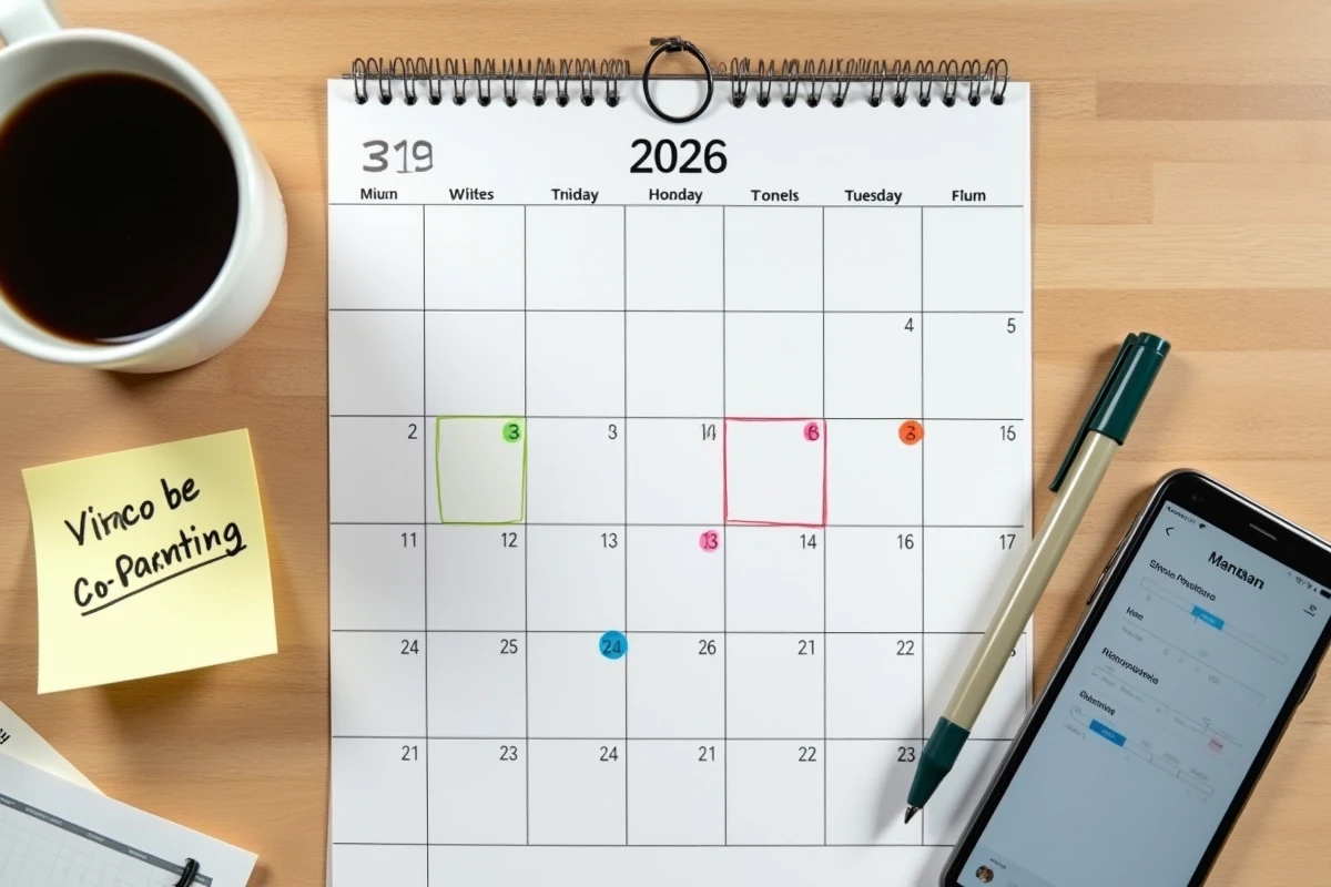 Calendrier 2026 avec semaines paires et impaires surlignées et application de coparentalité sur smartphone