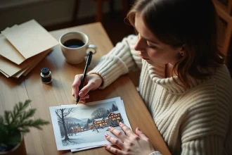 Femme écrivant une carte postale de Noël imprimée à la maison sur un bureau en bois rustique
