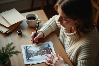 Femme écrivant une carte postale de Noël imprimée à la maison sur un bureau en bois rustique