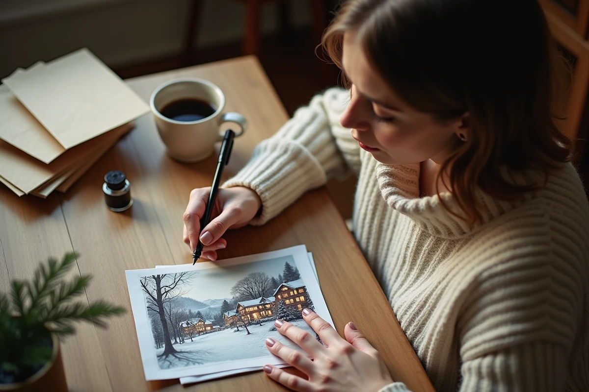 Femme écrivant une carte postale de Noël imprimée à la maison sur un bureau en bois rustique