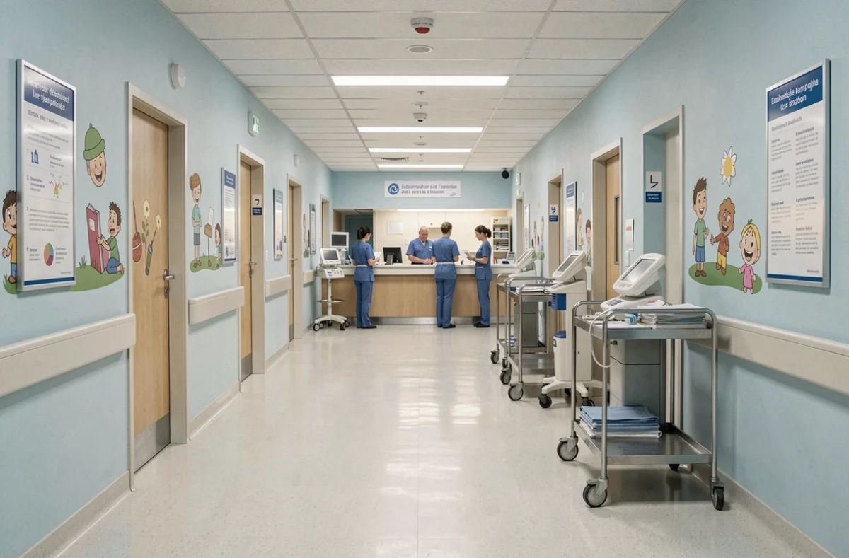 Couloir du service de pédiatrie du Centre Hospitalier de Melun, site Santépôle, avec infirmières et décoration murale
