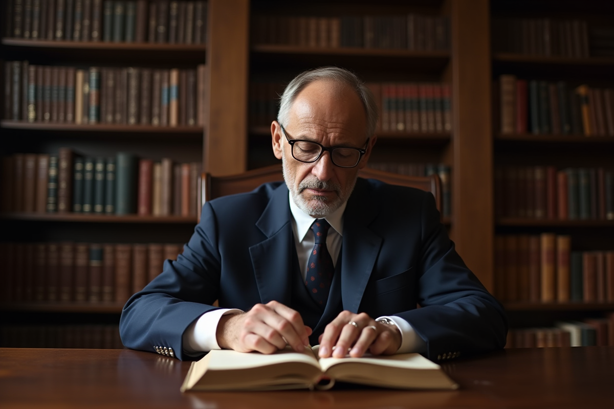 Homme d etude en costume navy lisant un dictionnaire ancien