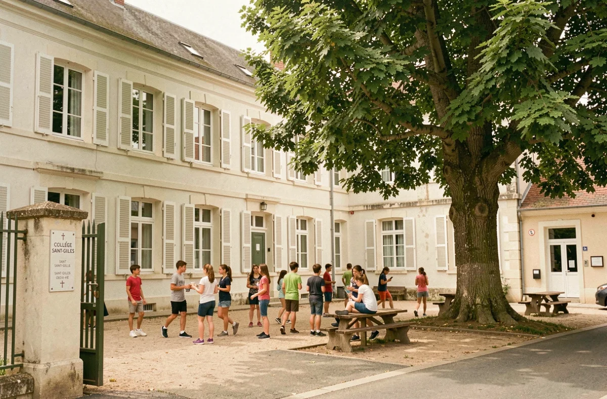 Cour de récréation du Collège Saint-Gilles à Saint-Gilles-Croix-de-Vie avec des collégiens sous un arbre