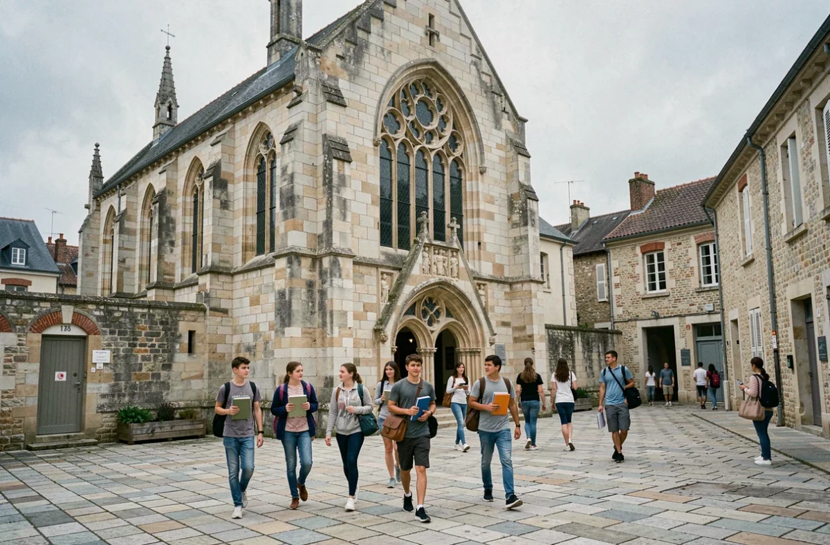 Collégiens dans la cour du Collège Saint-Joseph de Fontenay-le-Comte entourés d'une architecture en pierre historique