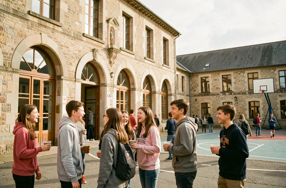 Élèves du Collège Saint-Joseph de La Roche-sur-Yon dans la cour de récréation lors d'une pause