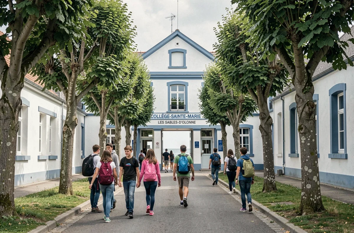 Élèves arrivant au Collège Sainte-Marie des Sables-d'Olonne le long d'une allée arborée