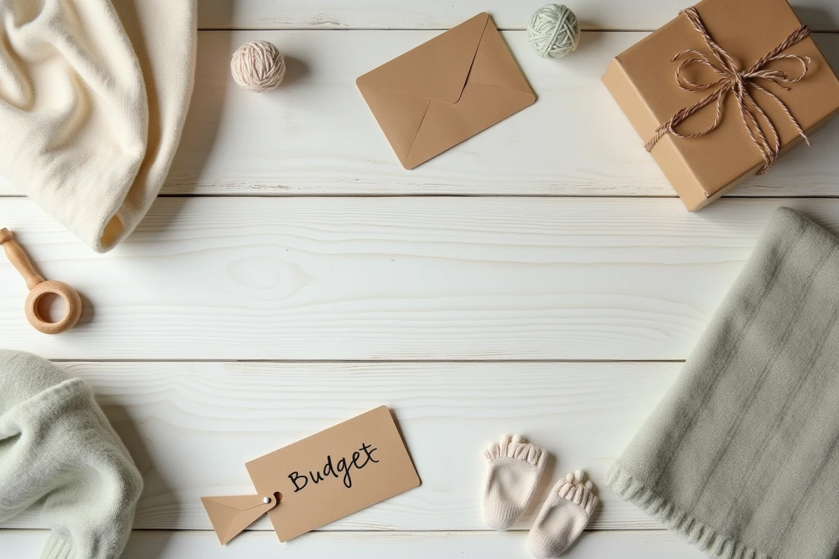 Comparaison visuelle de cadeaux de naissance petit budget et haut de gamme disposés en flat lay sur une table en bois