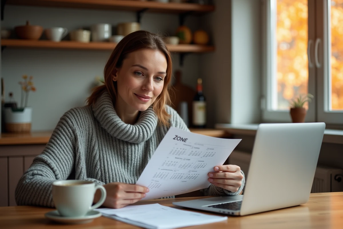 Femme comparant les dates de vacances scolaires zone A B C sur un calendrier imprimé et un ordinateur portable