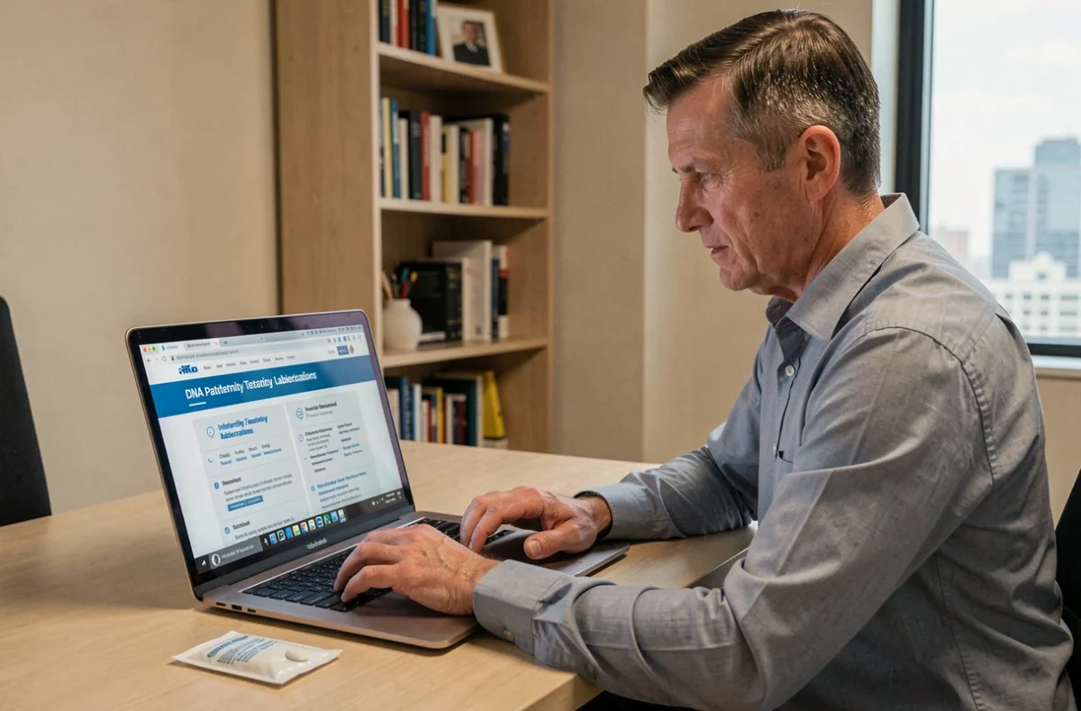 Homme comparant des laboratoires d'analyse ADN en France et à l'étranger pour un test de paternité sur son ordinateur