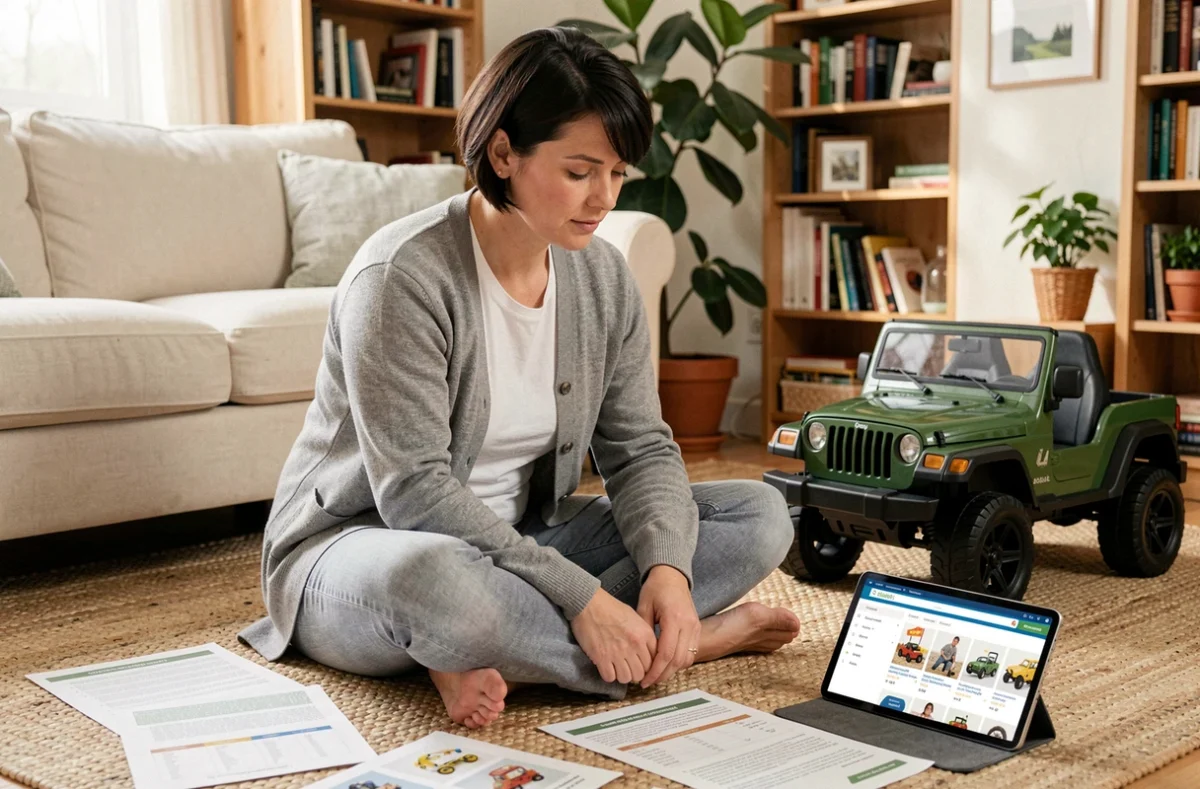 Femme comparant des offres de Jeep enfant en ligne avec des fiches produit imprimées dans un salon familial