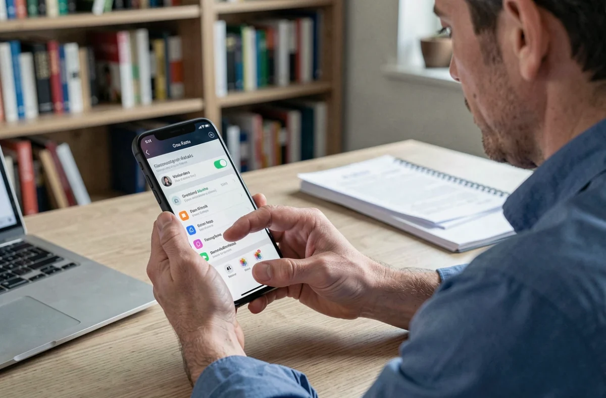 Parent configurant les alertes de l'application Educcartable sur mobile depuis un bureau à domicile