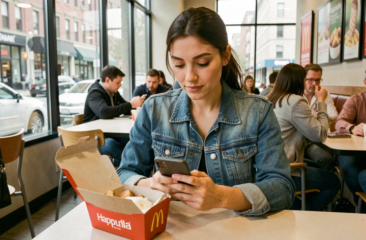 Jeune femme consultant son téléphone devant un Happy Meal ouvert dans un restaurant McDonald's en 2026