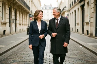 Couple élégant dans la cinquantaine se promenant discrètement dans une rue pavée parisienne, illustrant la vie de couple entre notoriété et discrétion