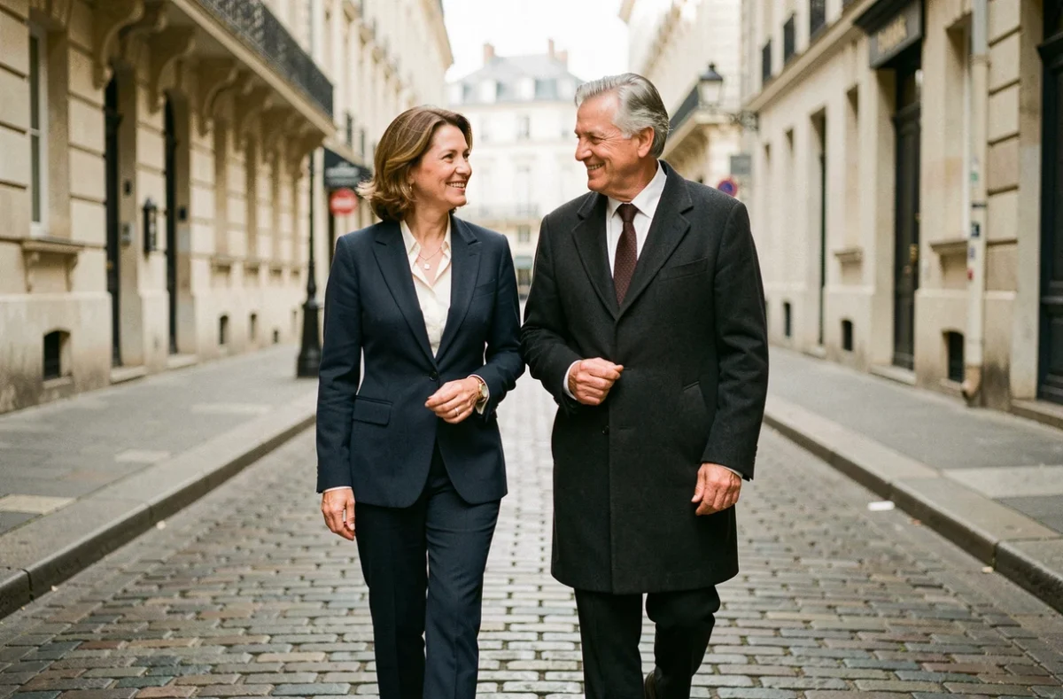 Couple élégant dans la cinquantaine se promenant discrètement dans une rue pavée parisienne, illustrant la vie de couple entre notoriété et discrétion